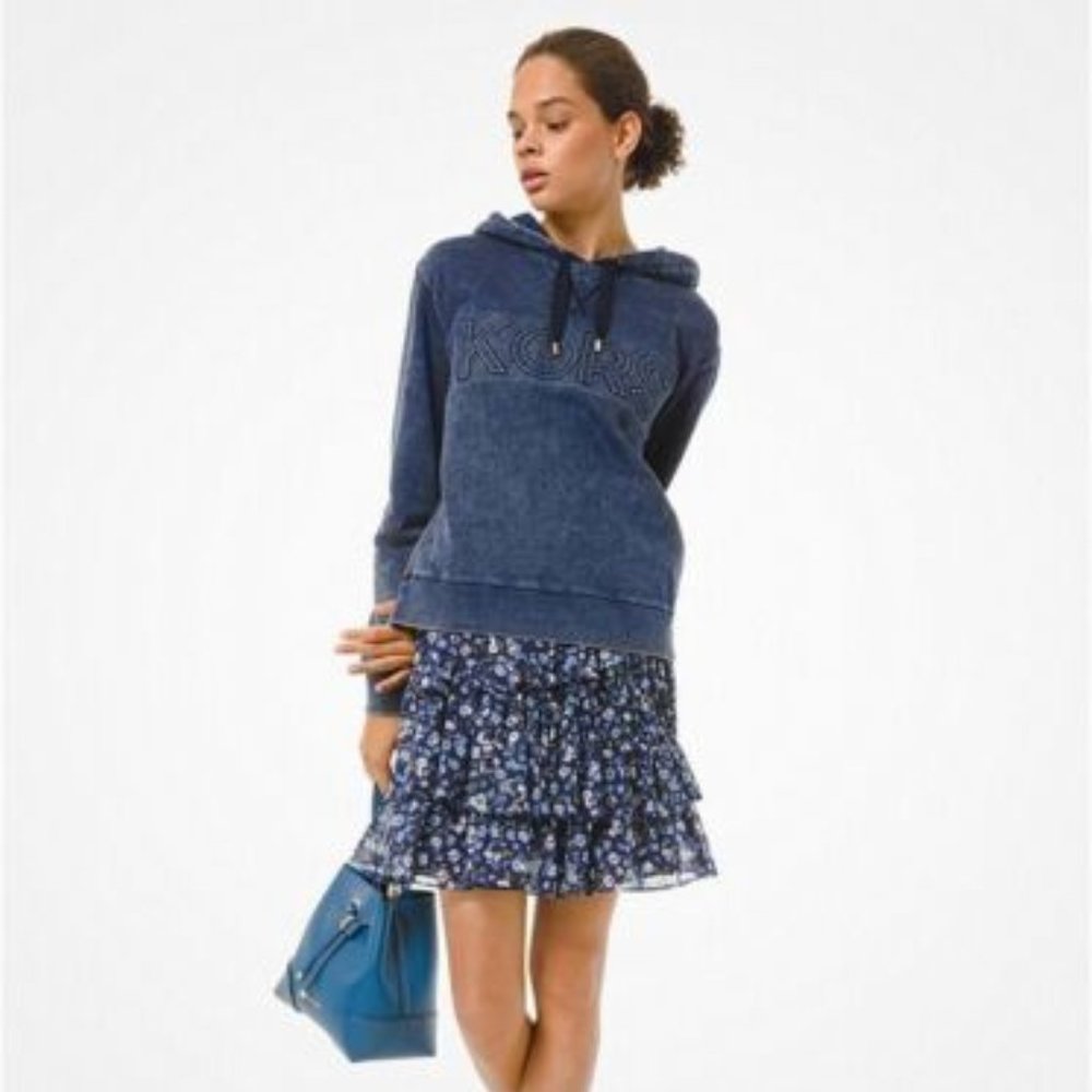 NWT Michael Kors Indigo Blue Logo Hoodie Sweatshirt Pullover Size Medium